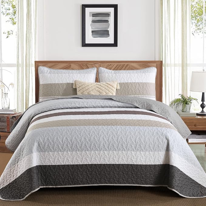 Dinjoy Full Size Boho Stripe Quilt Set, Breathable All-Season, 3-Piece Set Fits by DINJOY