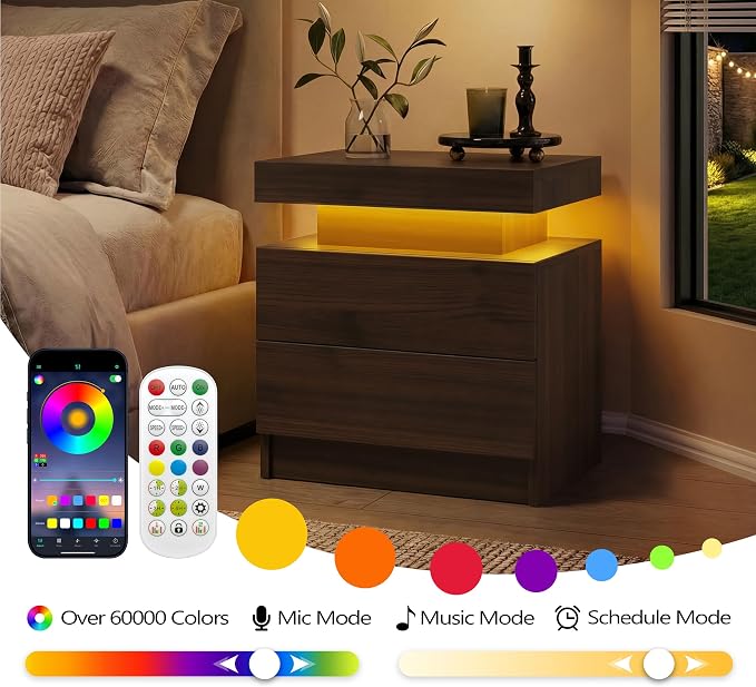 LED Nightstand with Wood 2 Drawers Modern Bedside Table - Image 6