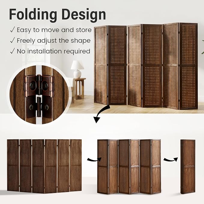 6 Panel Pegboard Room Divider, Folding Privacy Screen, Freestanding Wooden - Image 6