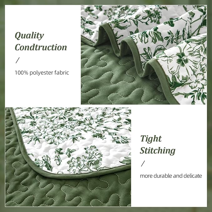 WONGS BEDDING Botanical King Quilt Bedding Set, 3 Pieces Bedspread, Polyester - Image 4