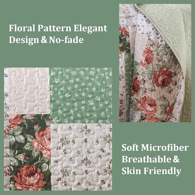 Anibedding Floral Patchwork Quilt Set Queen Size, Soft Lighweight Farmhouse - Image 3