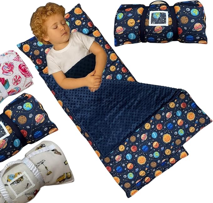 Toddler Nap Mat with Pillow and Blanket, Preschool, Nursery Sleeping Mat, Portable Bed for Kids, Ultra Soft Cotton, Fleece, Minky, Machine Washable, Travel Friendly, Kids Sleeping Bags, Navy Blue.