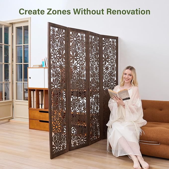 Folding Wood Room Divider Panel, 5.6 FT Tall Daisy-Carved Privacy Screen - Image 5