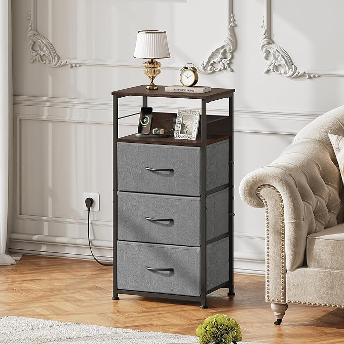 WLIVE Nightstand with Charging Station, 31.9" H Nightstand with 3 Fabric Drawers - Image 7