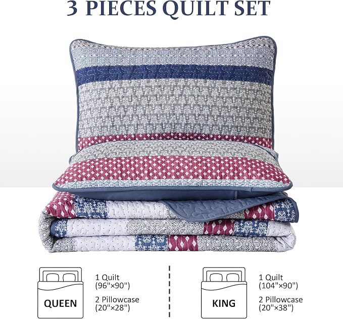 WONGS BEDDING Boho Quilt King Size, Patchwork Bedding Set, 3 Pieces Plaid - Image 7