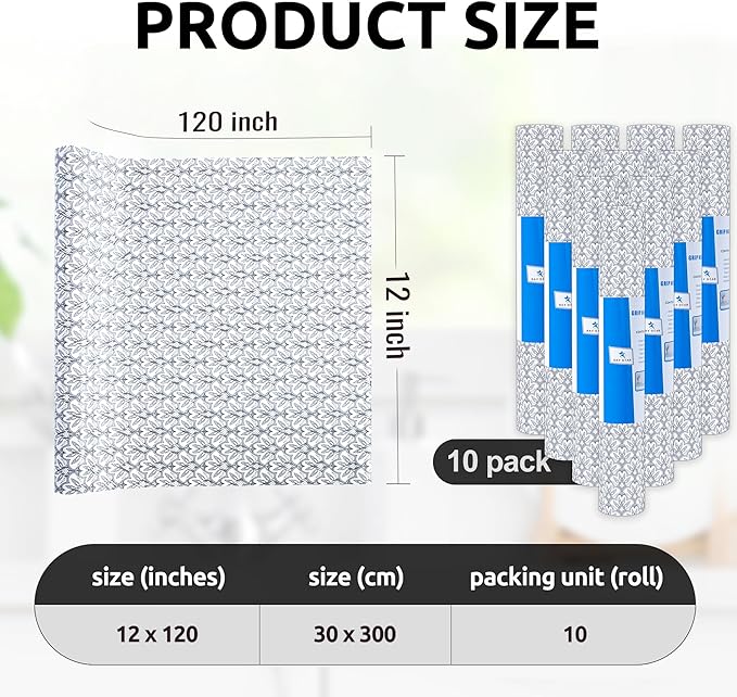 RAY STAR 12X120 Inch Shelf Liner for Kitchen Cabinets, Non-Adhesive Cabinet Liner Washable, PVC Drawer Liner for Dresser Non-Slip Bathroom (Black Floral)(10 Roll)