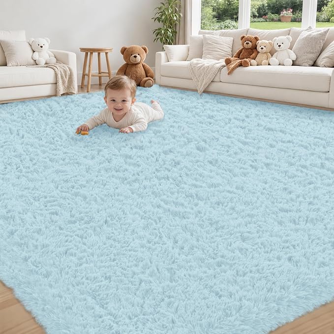 8x10 Area Rug for Living Room, Light Blue Fluffy Shag Non-Slip Bedroom Rugs | by Unknown