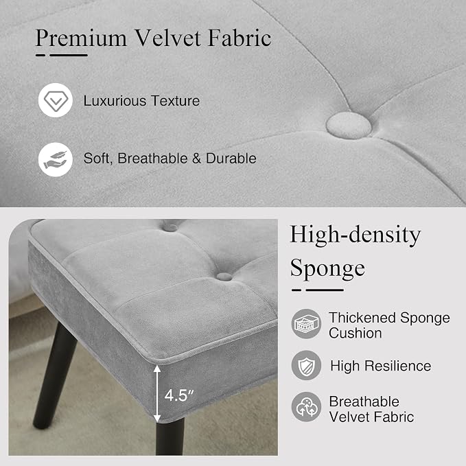 LOULENS Entryway Bench, Light Grey | Wood Legs, Button Tufted, Upholstered Bench - Image 3