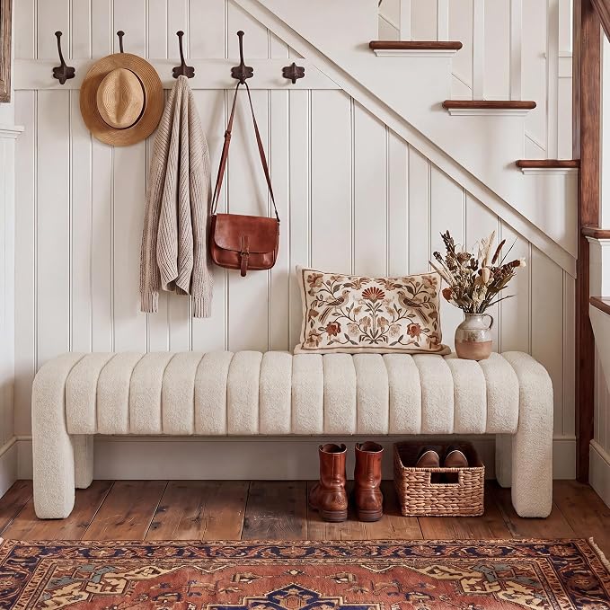 63" Upholstered Bed Bench, Linen Beige | Channel Tufted, Entryway Accent Window - Image 5