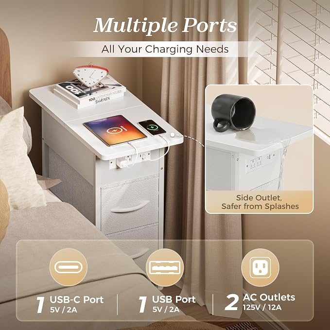 Huuger Narrow End Table with Charging Station, Side Table with 2 Drawers | Slim - Image 5