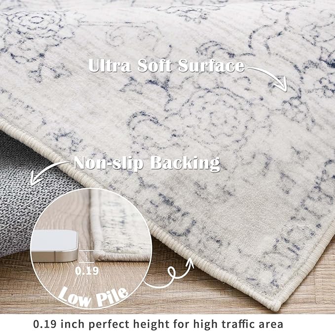 jinchan Runner Rug 2x6 Kitchen Rugs Hallway Runner - Machine Washable Vintage Floral Non-Slip, Low Pile Soft Ultra-Thin Distressed Carpet for Entryway Farmhouse Bedroom Laundry Room (2’x6’, Ivory)