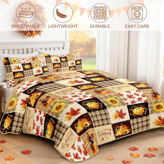 Fall Patchwork Quilt Set King, 3 Pieces Thanksgiving Bedding Set Brown | - Image 2