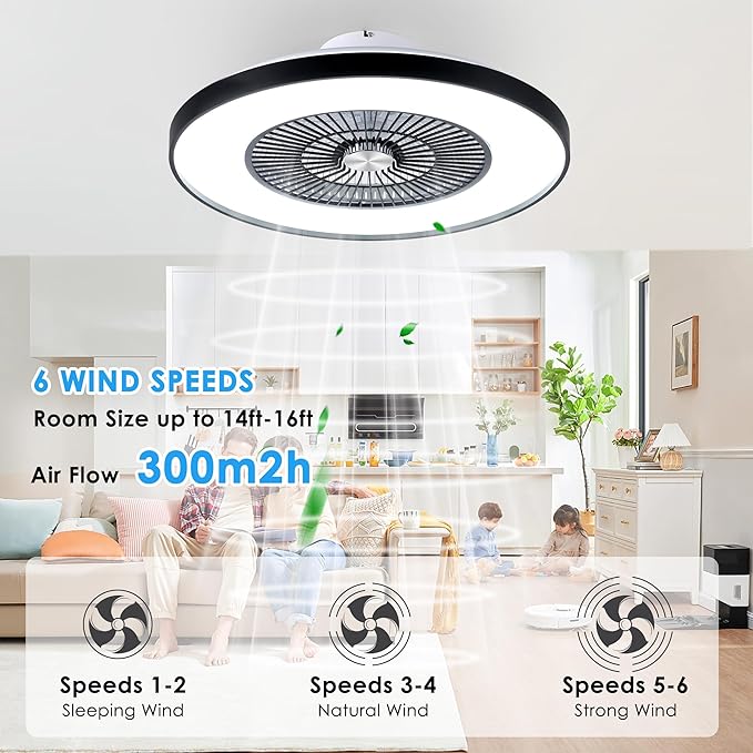 HUMHOLD 24" Bladeless Ceiling Fans with Lights and Remote/APP Control, Low Profile Ceiling Fan with 3-Dimmable Lights, Enclosed Flush Mount Ceiling Fan for Kid's Bedroom/Living Room