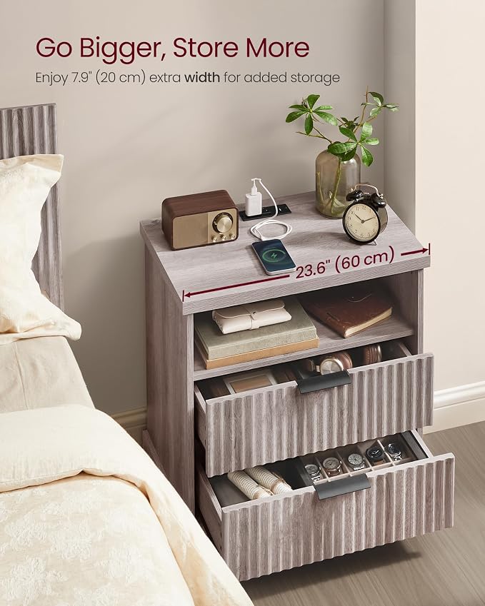 VASAGLE Nightstand with Charging Station, 2 Drawers, Open Shelf | Bedside Table - Image 4