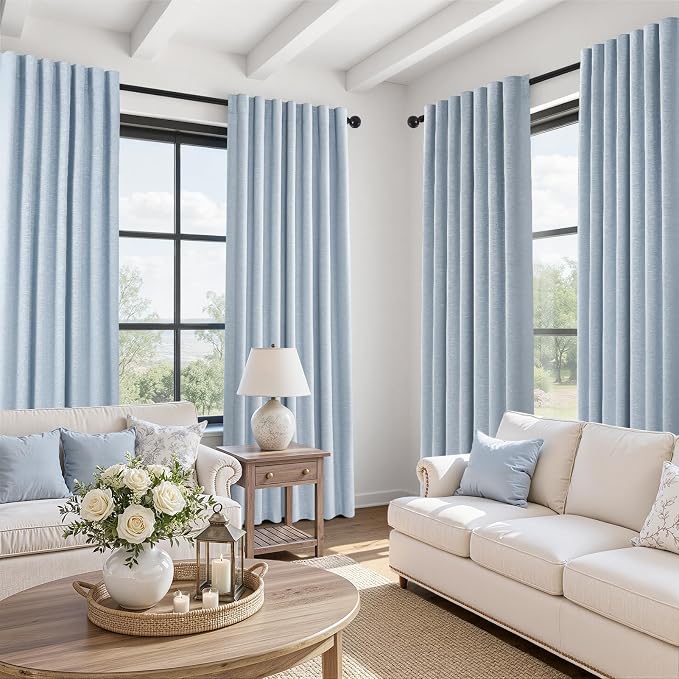 Topfinel Baby Blue 96 Inch Blackout Linen Curtains 2 Panel Set - Image 3