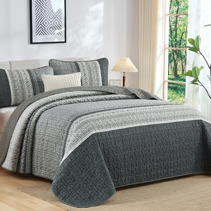Cottolester Gery Quilt Set Full, Soft Striped Texture Bedspread Coverlet Set | - Image 2