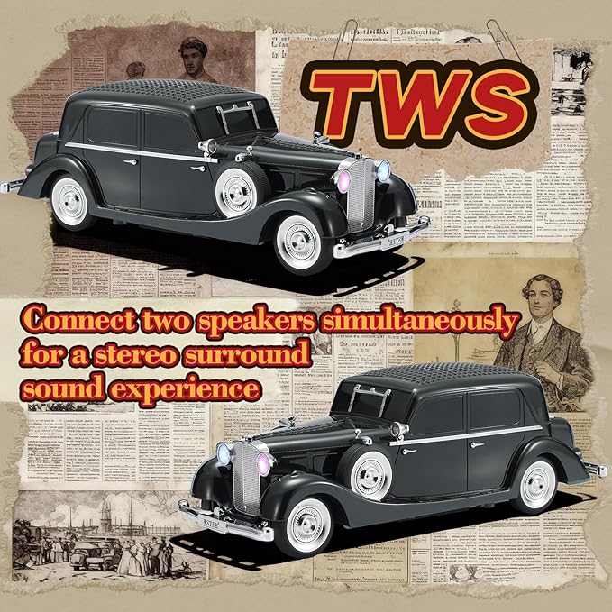 WS-1934 Retro Classic Car Bluetooth Replica Speaker – Wireless HD Sound with FM Radio,TWS Stereo,LED Party Lights,Built-in Microphone Hands-Free Call, Surprise Portable Gift for Party Use(Black)