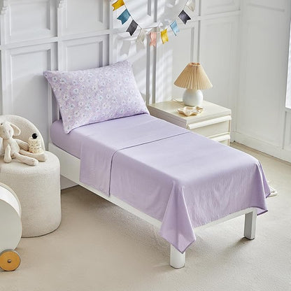 JHXHMX Floral Toddler Bedding Set for Girls,4 Piece Bed-in-a-Bag Toddler Comforter Set,Soft Crib Bed Set Including Comforter,Flat Sheet,Fitted Sheet and Pillowcase-Purple