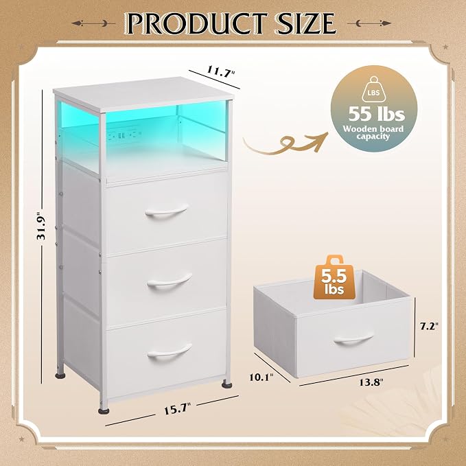 WLIVE Nightstand with Charging Station, 31.9" H Nightstand with 3 Fabric Drawers - Image 6