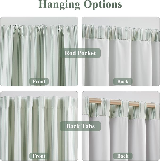 ZJDECOR Short Cotton Blend Green White Striped Blackout Curtains 63 Inch | - Image 4