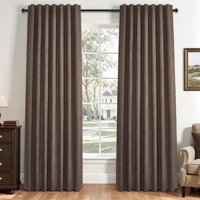 Dark Brown 95 inch Bedroom Living Room Curtains 2 Panels 100% Blackout Linen by Topfinel
