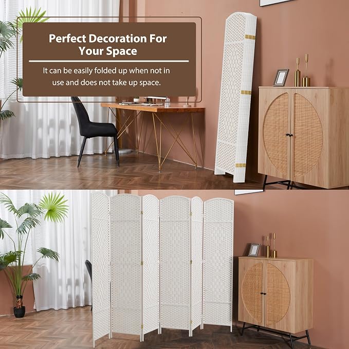 6 Panel Room Divider, 6 FT Wide Folding Screen Room Divider, Off White | Double - Image 9
