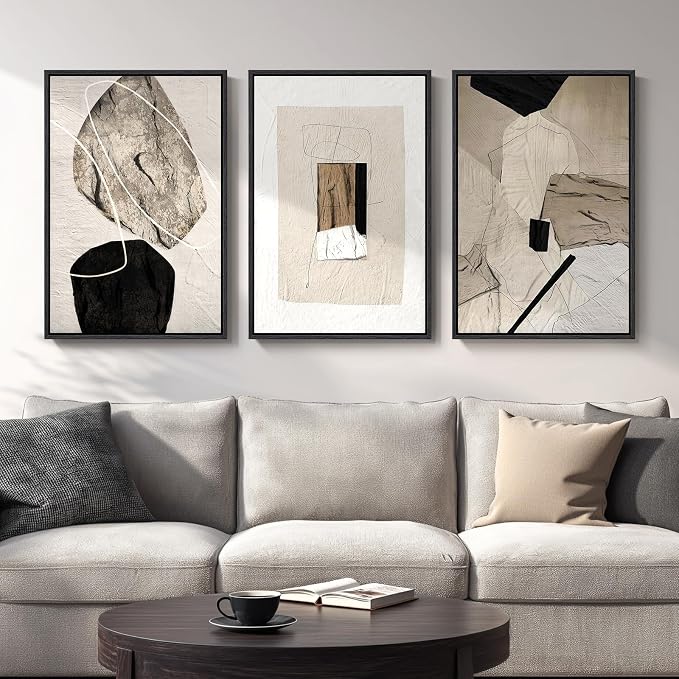 Large Framed Neutral Abstract Wall Art, 3 Piece Modern Canvas Prints Paintings by Cuspin