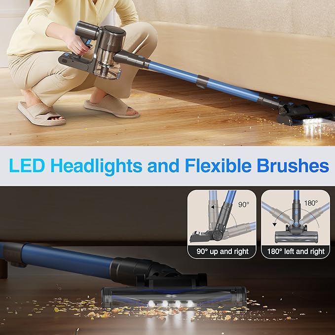 Zefiro Cordless Vacuum Cleaner for Home,450W /40Kpa 50Mins Stick Vacuum,Anti-Tangle 1.5L Dust Cup, Rechargeable Wireless Handheld Vacuum for Pet Hair/Carpet/Floor