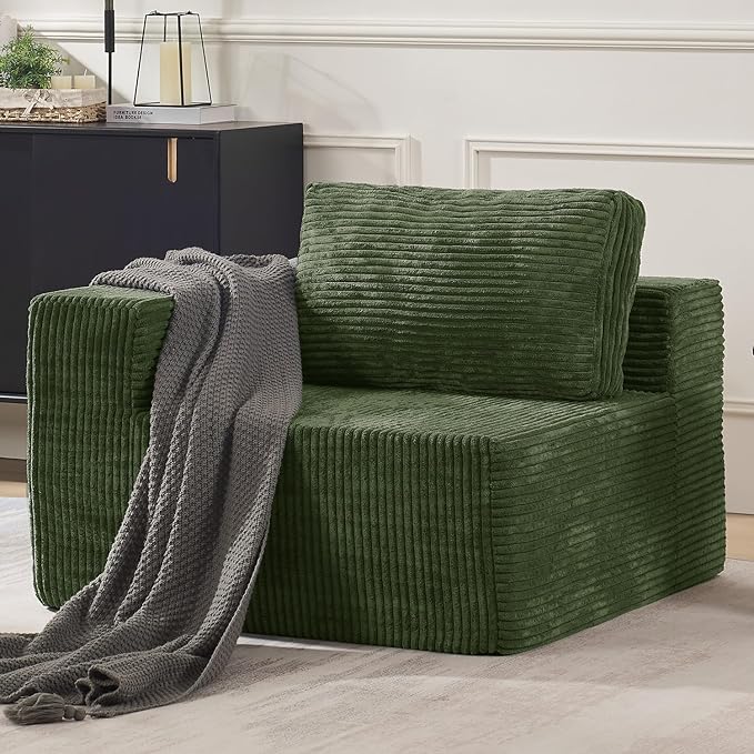 40" Modular Sectional Sofa, Upholstered Floor Sofa Couch with Pillow, Bean Bag Chair for Bedroom Living Room, No Assembly Required (Green, Plush Corduroy Fabric)