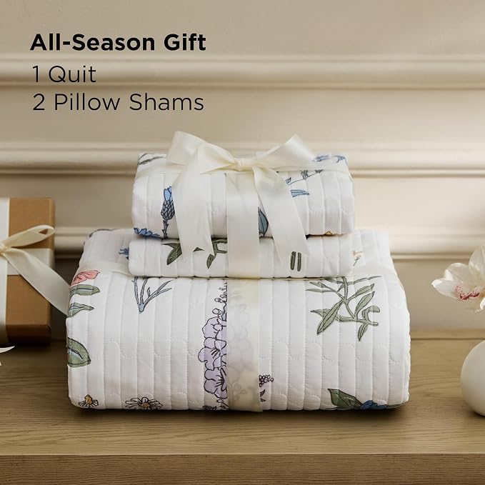 Bedsure Floral Quilts King Size, Reversible White Floral Comforter Bedding | - Image 7