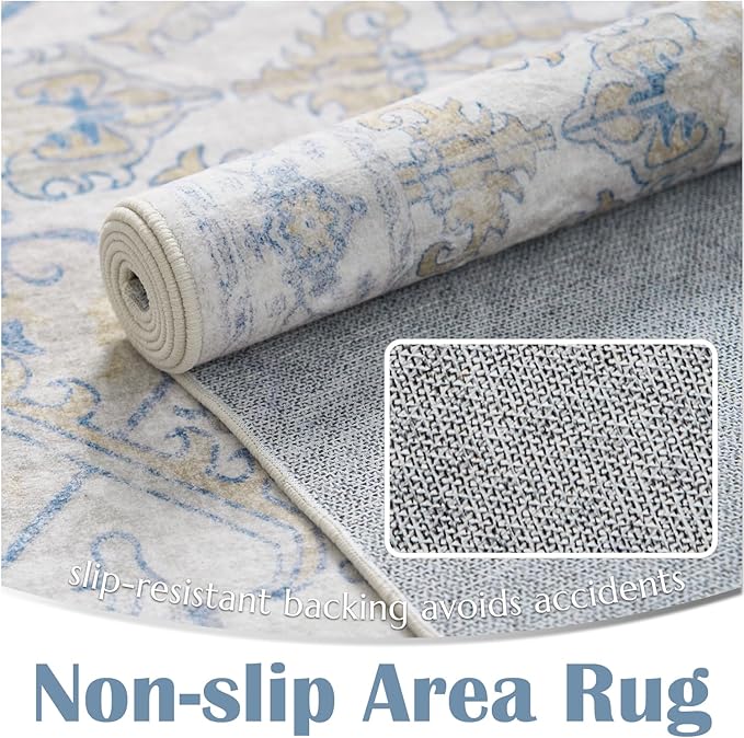 jinchan Runner Rug 2x6 Machine Washable Hallway - Vintage Floral Non-Slip Low-Pile Soft Ultra-Thin Kitchen Rug Distressed Carpet Runner for Farmhouse Bedroom Entryway Laundry Room(2x6ft, Blue)