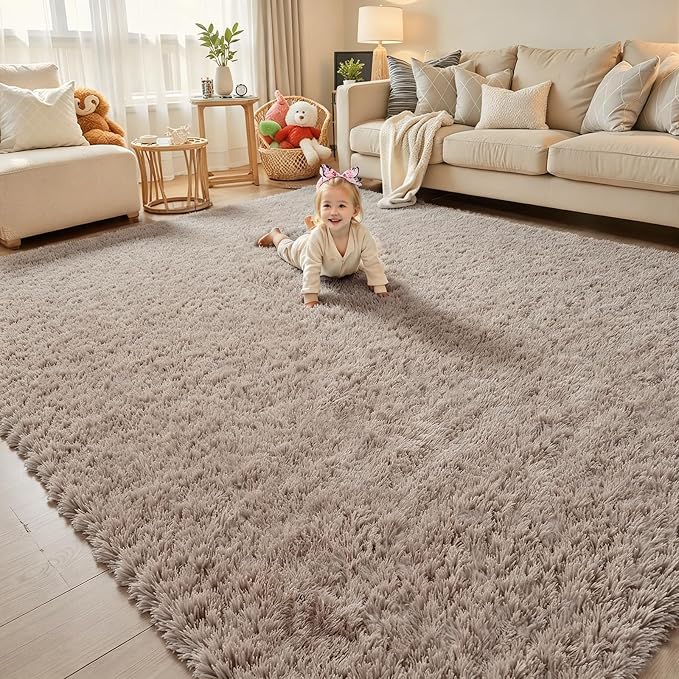 5x8 Beige Shag Area Rug for Living Room, Fluffy Plush Carpet | Non-Slip Large by Junhejiamei