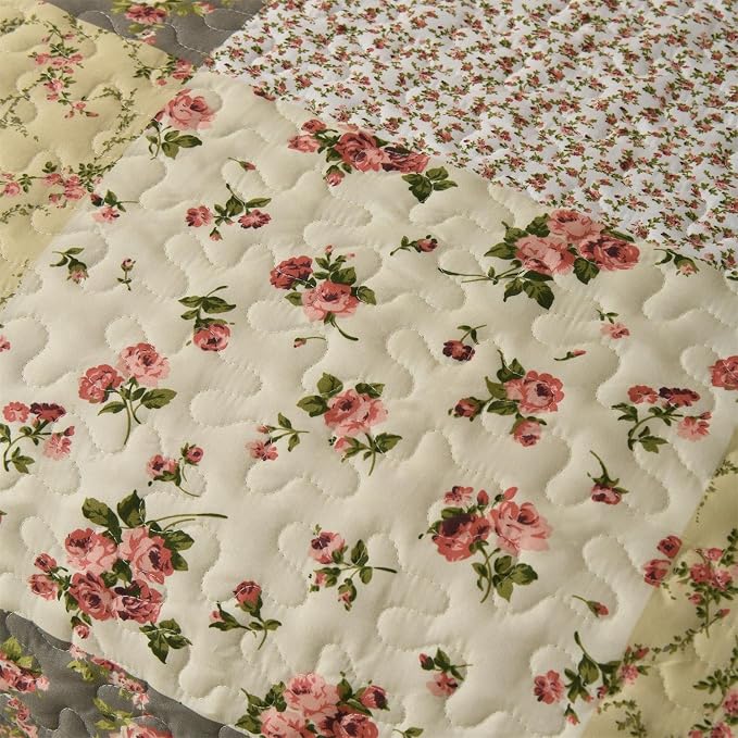 Summer Floral King Quilted Bedspread, Romantic Beige Quilt Set, Reversible - Image 7