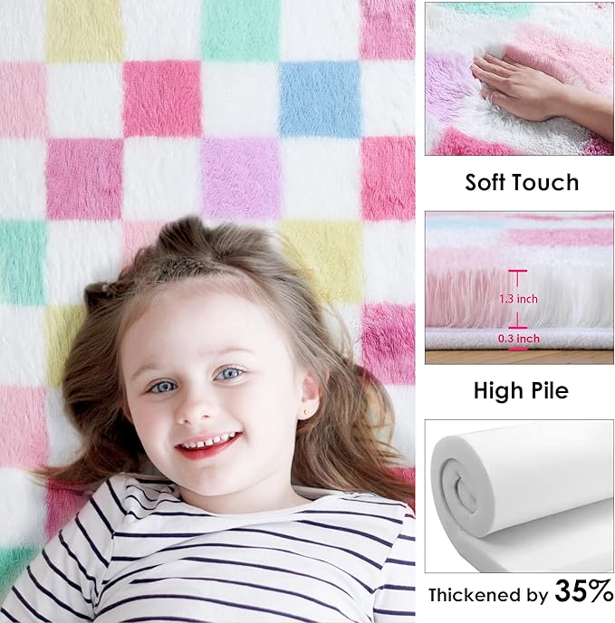 KICMOR Pink Rainbow Round Rug for Bedroom Girls, Cute Fluffy Soft 4ft Circle - Image 2