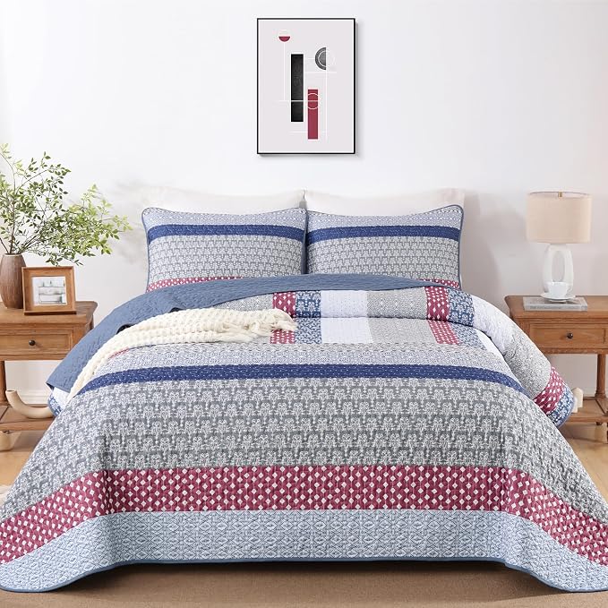 WONGS BEDDING Boho Quilt King Size, Patchwork Bedding Set, 3 Pieces Plaid - Image 2