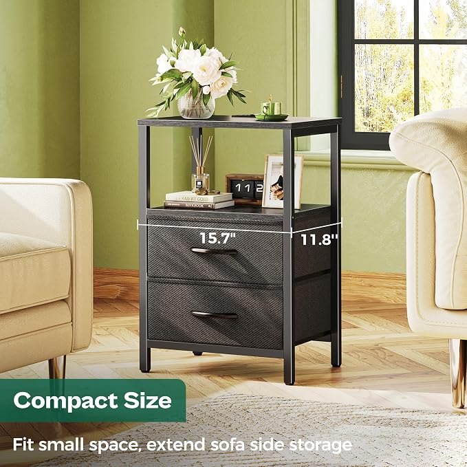 Huuger Nightstand with Charging Station, Side Table with Fabric Drawers | End - Image 6