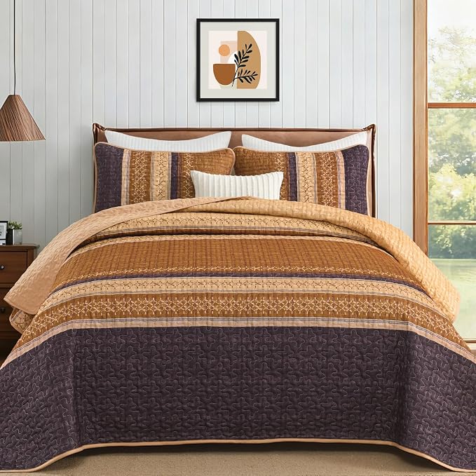 Cottolester Fall Quilt Set Queen, Burnt Orange Striped Patchwork Bedspread | by Cottolester