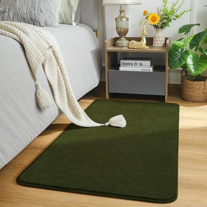 Modern Washable Runner Rugs, 2x4 Olive Green Bedroom Runner Rug | Small Area - Image 2