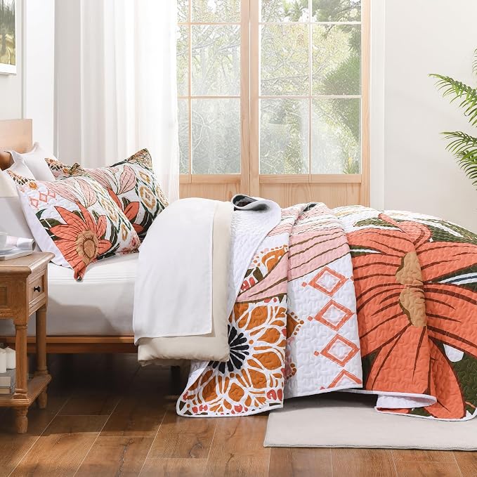 California King Quilt, Cal King Oversized Pink Floral Bedspread | 3 Pieces - Image 3