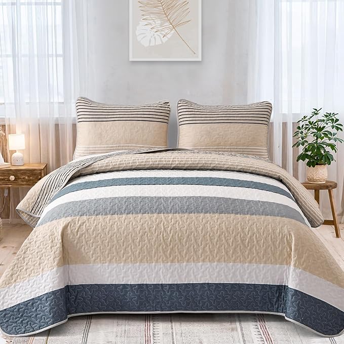 Dinjoy King Boho Striped Quilt Set, Khaki Lightweight Bedspread Bedding | Soft by DINJOY