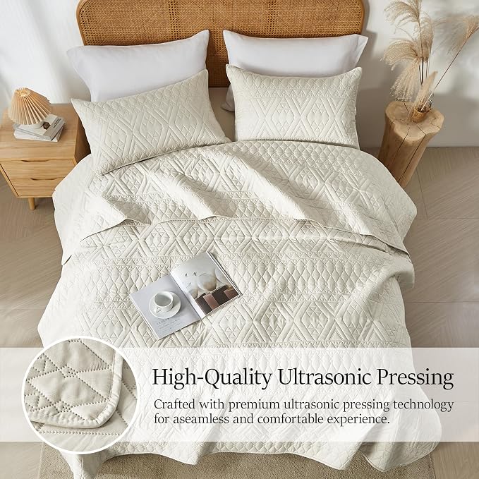 akkialla King/Cal King Quilt Set, Boho Style in a Solid Color, Cream - Image 5