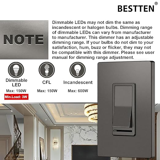 BESTTEN 5 Pack Matte Brown Dimmer Light Switch, Single Pole or 3-Way, Compatible with Dimmable LED, CFL, Incandescent and Halogen Bulb, 120VAC, UL Listed