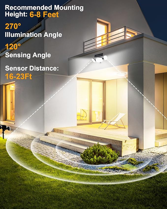 HAARAY Solar Motion Lights Outdoor with Stake, 208 LED 270° Illumination Security Flood Lights for Yrad Garden Pathway, 3 Modes, IP65 Waterproof, In-Ground or Wall Mount