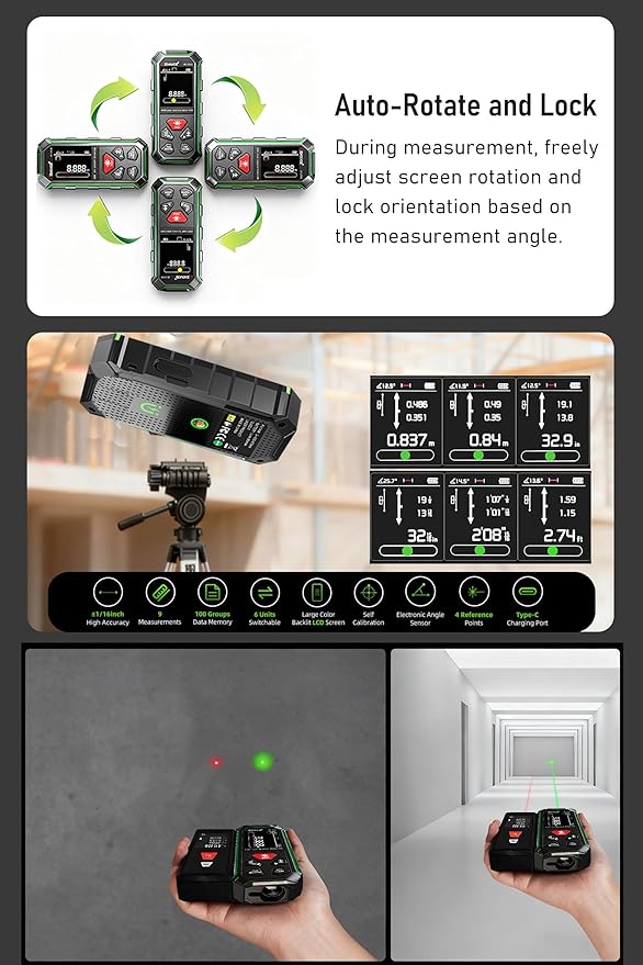 ZC-SG60 Dual Laser Measuring Tool, 196Ft Green-Beam Bilateral Digital Laser Distance Measure 6 Units Ft/in/M, Rechargeable Laser Measurement Tool -Backlit LCD Display, Length/Area/Volume/Angle Sensor