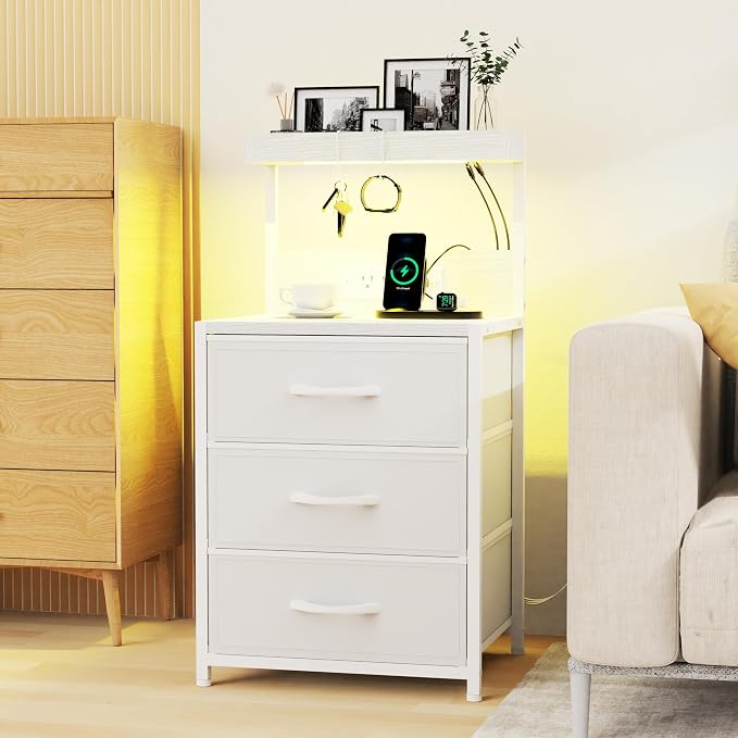 LED Night Stand with Charging Station Set of 2, 3 Fabric Drawer, End Side Table - Image 6