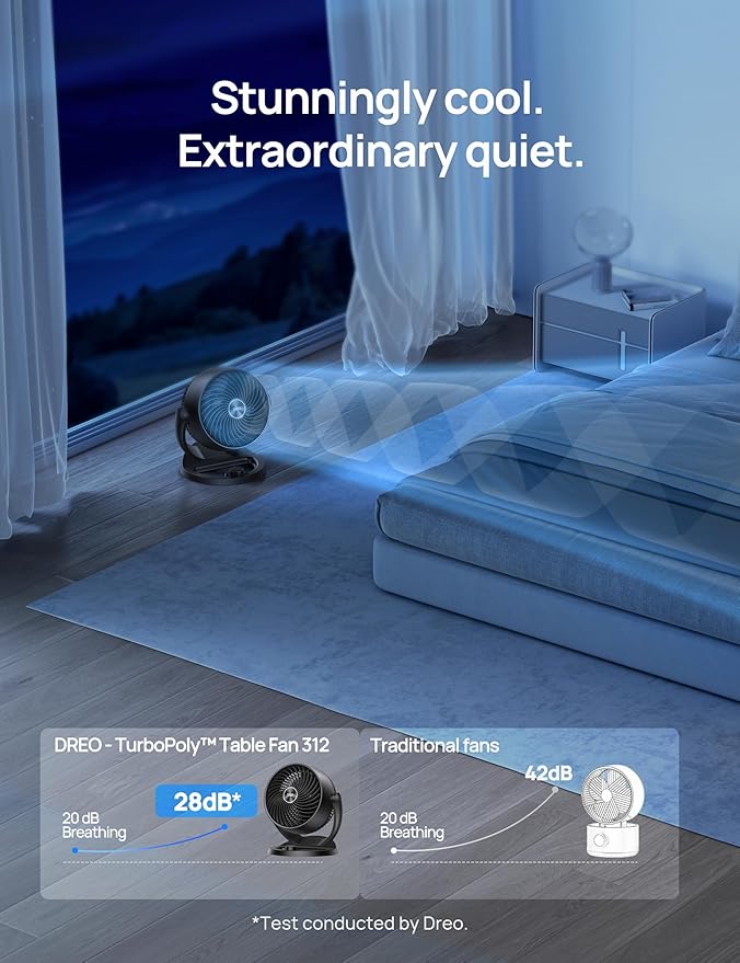 Dreo Fan for Bedroom, 12 Inches, 70ft Powerful Airflow, 28db Quiet Table Air Circulator Fans for Whole Room, 120° Adjustable Tilt, 3 Speeds, Desktop Fan for Home, Office, Kitchen
