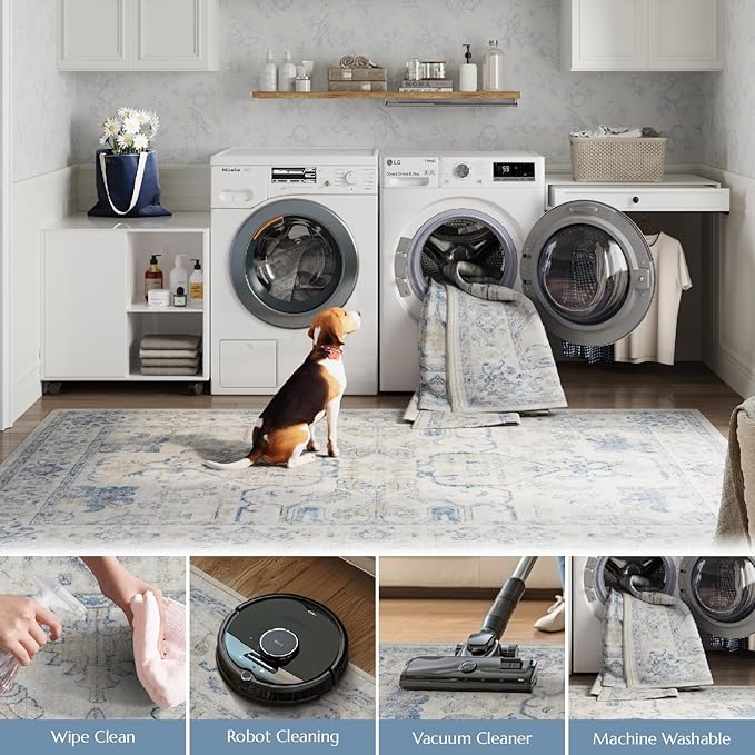 jinchan Runner Rug 2x6 Machine Washable Hallway - Vintage Floral Non-Slip Low-Pile Soft Ultra-Thin Kitchen Rug Distressed Carpet Runner for Farmhouse Bedroom Entryway Laundry Room(2x6ft, Blue)