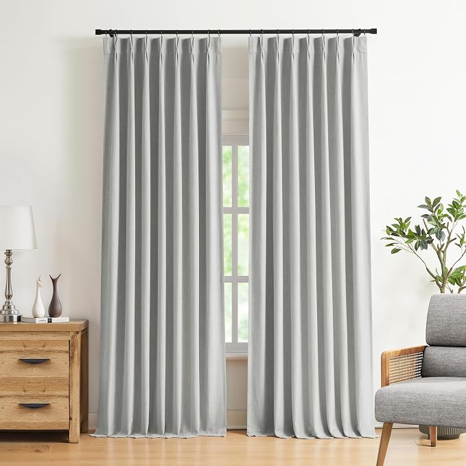 Vision Home Light Gray Pinch Pleated Full Blackout Curtains Linen Blended Room - Image 2