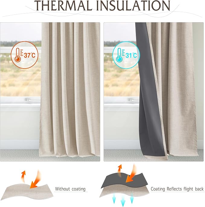 RYB HOME Pinch Pleated Full Blackout Curtains Linen Blended Window Curtains 96 - Image 7