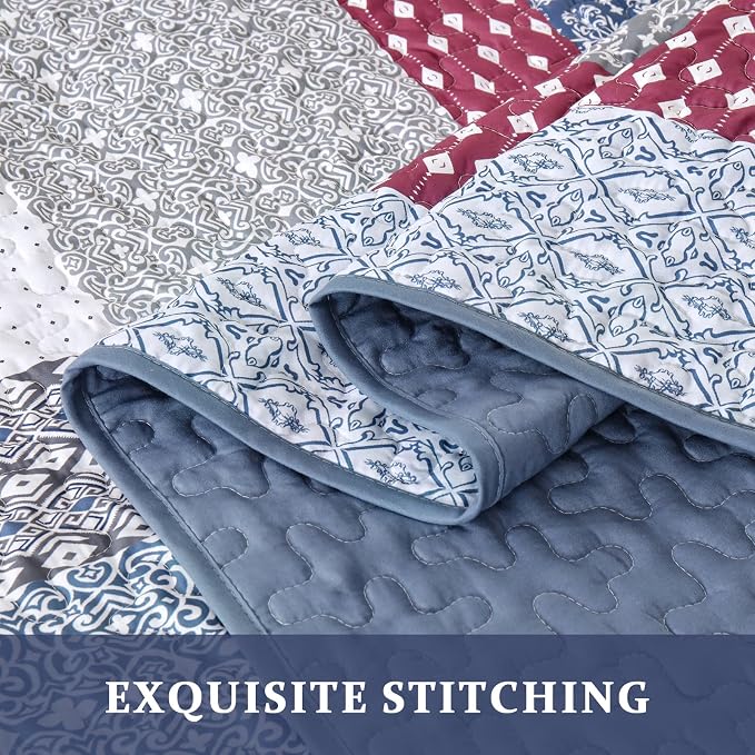 WONGS BEDDING Queen Size Quilt Set, Boho Striped Patchwork Bedspread | 3 Pieces - Image 6